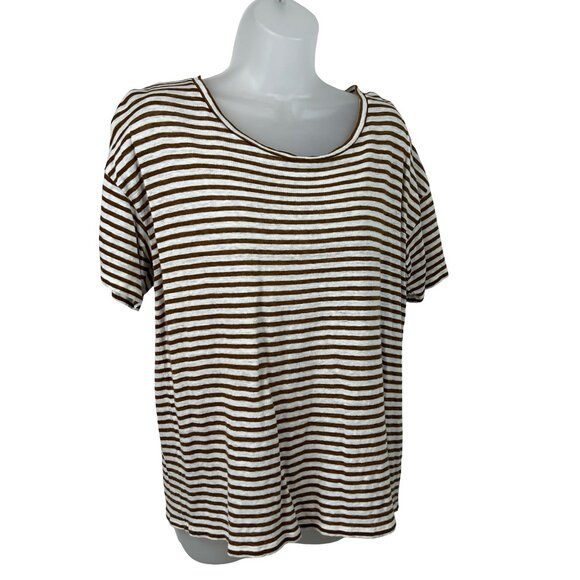 J. Crew Brown and White Stripe Short Sleeve Linen Tee Size Large - Picture 1 of 9